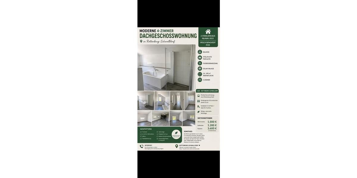 Dachgeschoßwohnung Rottenburg am Neckar - 4 Zimmer, 100 m&sup2;, 1.200&euro; | Angebot:26626032