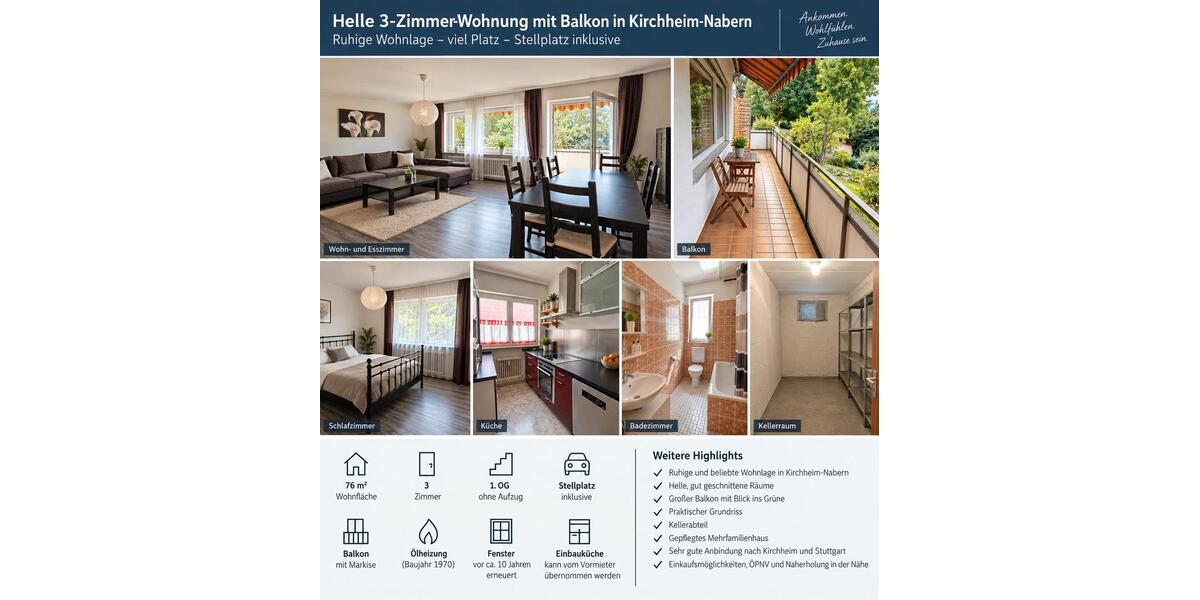 Etagenwohnung Kirchheim unter Teck - 2.5 Zimmer, 76 m&sup2;, 710&euro; | Angebot:27578231