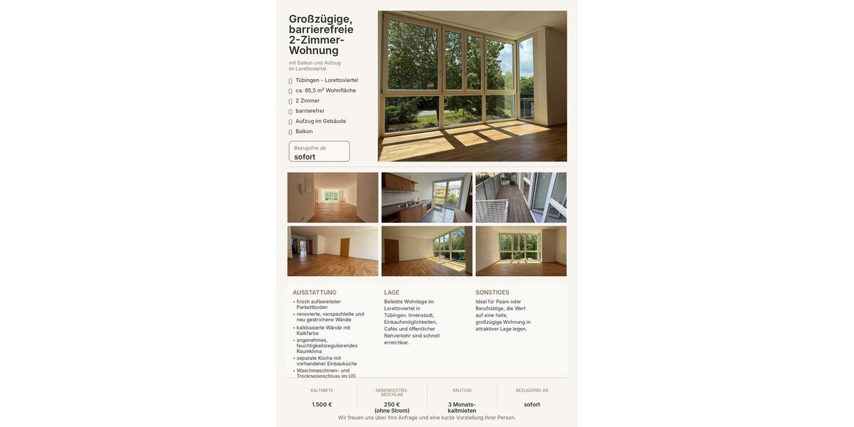 Etagenwohnung Tübingen Derendingen - 2 Zimmer, 86 m&sup2;, 1.500&euro; | Angebot:26603223